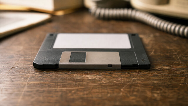 Retro workspace concept with blank floppy disk mockup and vintage frames