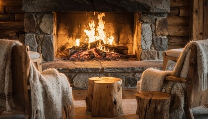 Fototapeta premium Warm lodge fireplace scene with flickering flames sharply detailed soft outoffocus wool throws and natural wood stools arranged around the stone hearth.
