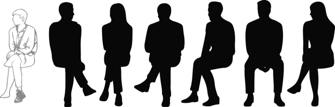 Minimal human silhouette vector set featuring seated and standing figure poses arranged in clean monochrome horizontal composition design layout.