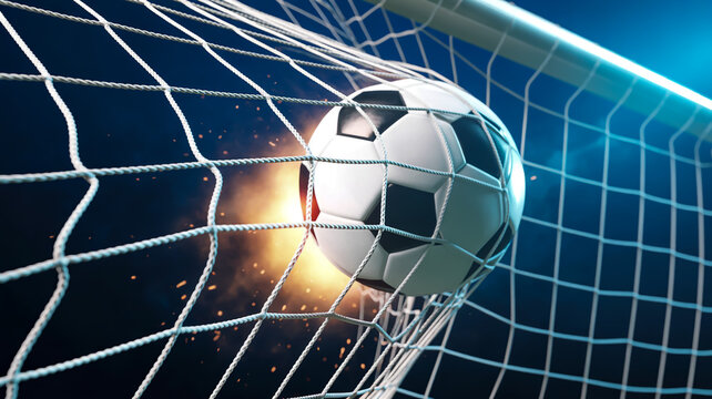 A dramatic 3D render of a soccer ball exploding in a goal net