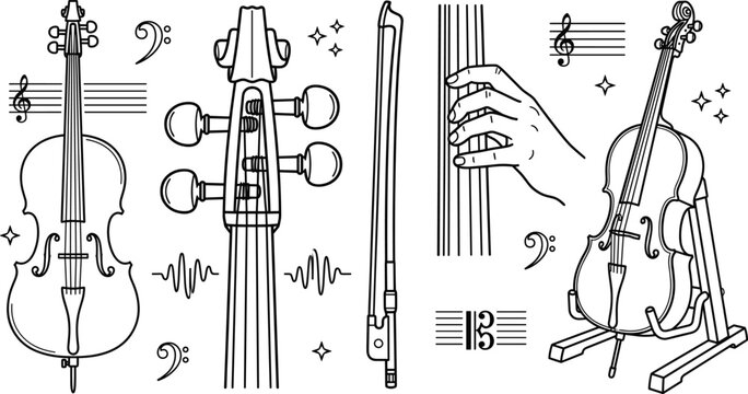 Cello Musical Instrument Vector Icon Set with Bow Stand Pegbox Hand Playing Strings and Notation