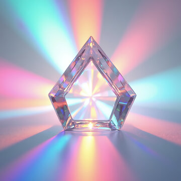 Pentagonal prism crystal refracts rainbow light, abstract geometric shape, vibrant hues.