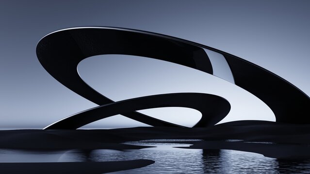 3D render, Abstract black curved rings over reflective water in futuristic minimalist landscape design
