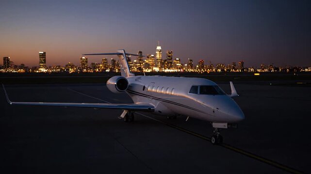White business jet on airport runway at twilight cityscape