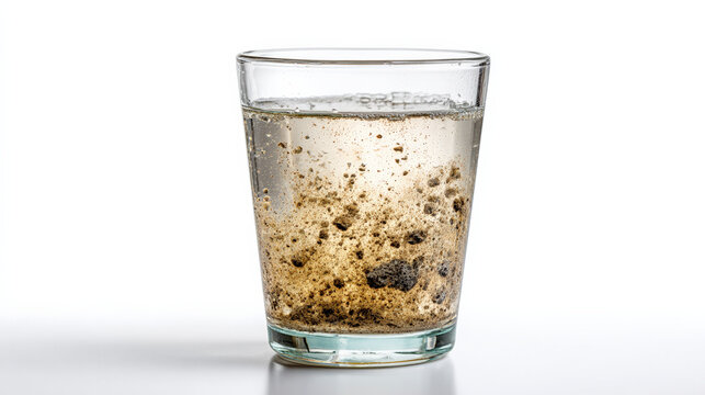 Glass of contaminated water with sediment suspended in liquid