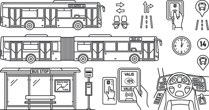City Transit Bus Vector Icon Set with Articulated Bus Stop Shelter Ticket Validator and Dashboard Designs