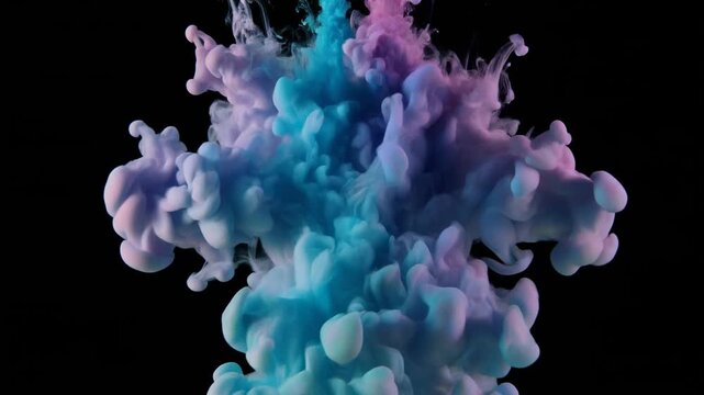 Extreme slow-motion video of peacock ink dissolving in water, forming abstract cloud shapes