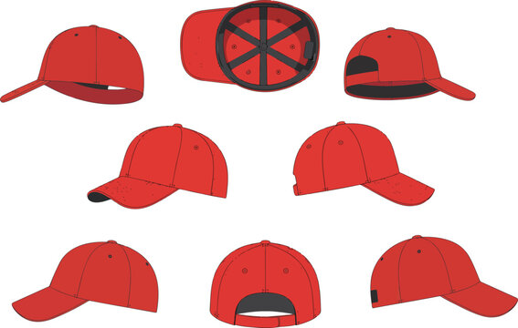 Red baseball cap mockup vector collection featuring multiple front back side and top views in clean realistic 3D presentation layout.