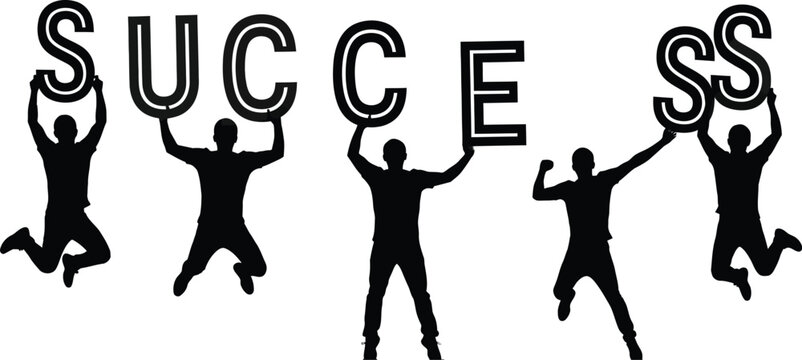 Success word formed by silhouettes of jumping people black on white