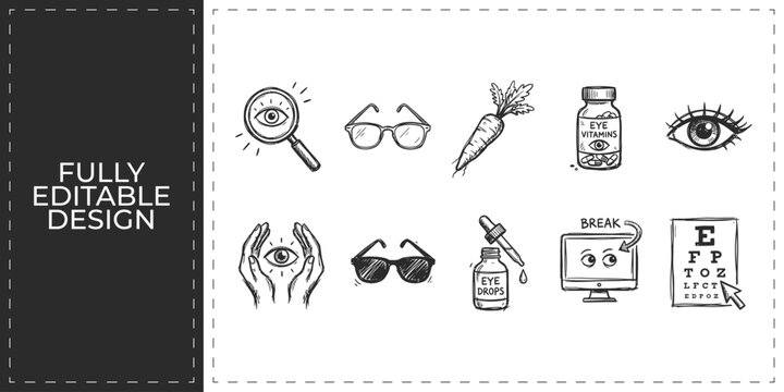 Hand drawn vision and ophthalmology icons with glasses eye test and carrot symbols flat vector illustration icon bundle set high resolution
