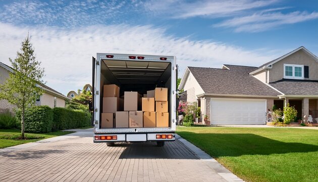 an open moving truck filled with cardboard boxes in the driveway of a suburban house