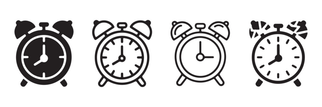 Set of black alarm clock vector icons. collection includes various styles, from solid to outline and distressed designs, suitable for wake up, schedule, and reminder themes.