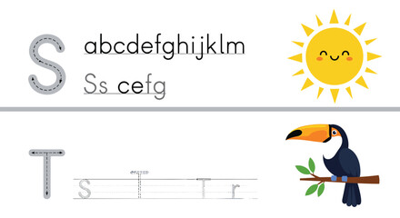 Naklejka premium Alphabet tracing worksheet for the letters S and T features a smiling yellow sun and a colorful toucan bird on a branch.
