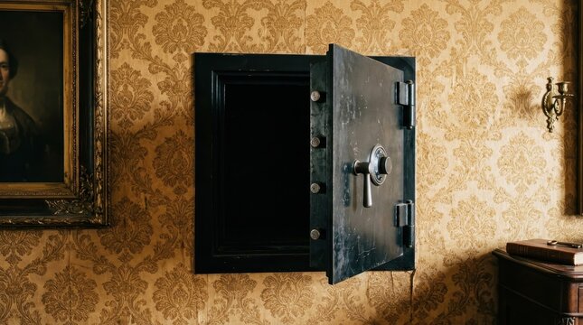 Old fashioned metal wall safe open in elegant vintage room