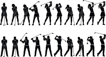 Naklejka premium Golf swing silhouette sequence showing male and female players in various motion stagesGolf swing silhouette sequence showing male and female players in various motion stages