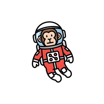 Cute monkey astronaut in a red spacesuit floating in space