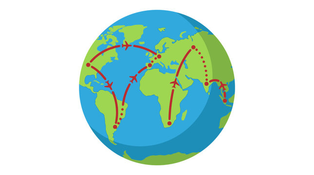 Global Travel Network Illustration with Flight Paths Across Continents on a Cartoon Earth Icon