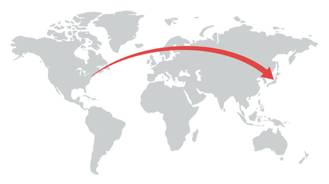 Global map showing a red arrow curve indicating travel from North America to East Asia