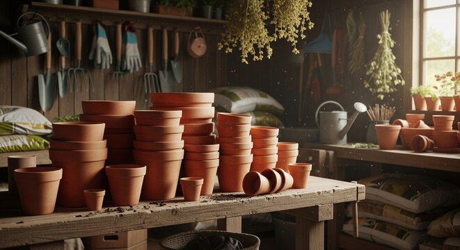 Stacks of empty clay terracotta flower pots on a rustic wooden workbench inside a cozy gardening shed or workshop filled with tools and soil bags