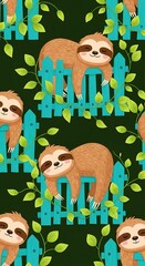 Fototapeta premium Cute Cartoon Sloth Resting on Turquoise Fence in Leafy Jungle Pattern