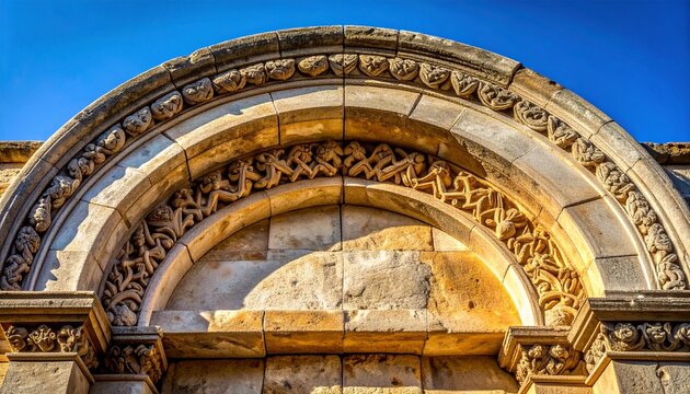 Intricate Romanesque stone arch tympanum with carved biblical motifs in heritage architecture detail