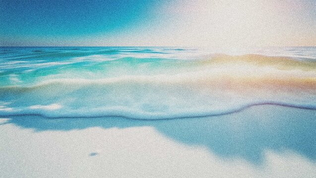 Serene watercolor beach illustration, tranquil ocean waves gently lapping on white sand, vibrant blue sky, peaceful coastal landscape for travel and relaxation themes 4K grainy texture Background