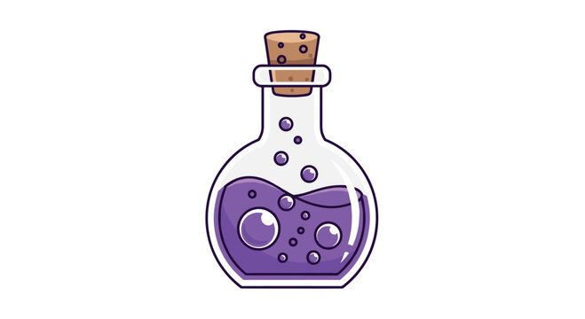 Glass potion flask filled with a bubbling purple liquid is sealed with a cork stopper and isolated on a white background.