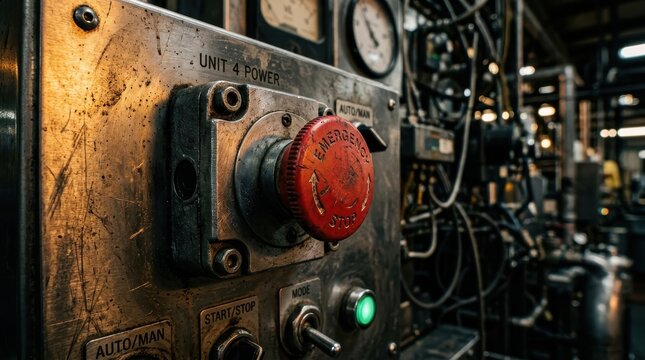 Industrial emergency stop button on a weathered control panel