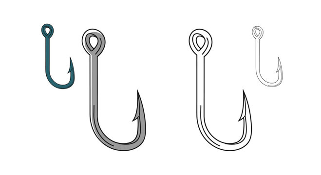 Assorted fishing hooks in different styles and sizes presented as solid icons and line art for angling and outdoor equipment design.