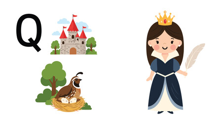 Fototapeta premium Letter Q alphabet educational card with a beautiful queen holding a quill, a royal castle, and a cute quail bird sitting in its nest.