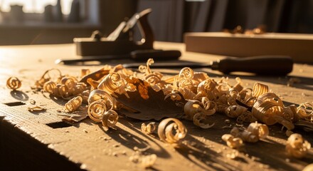 Obraz premium Close-up shot of light brown wooden shavings and curls scattered on a rustic wooden workbench in a carpenter's workshop. In the soft, warm background, vintage woodworking tools like a hand plane