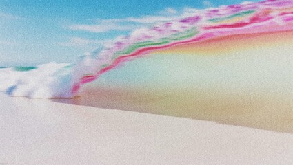 Fototapeta premium Vibrant rainbow ocean wave illustration, colorful pastel beach scene, serene summer vacation graphic, dreamy coastal landscape art 4K grainy texture Background