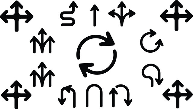 Directional arrow vector collection featuring U turns split paths and navigation symbols arranged in symmetrical monochrome circular composition design.