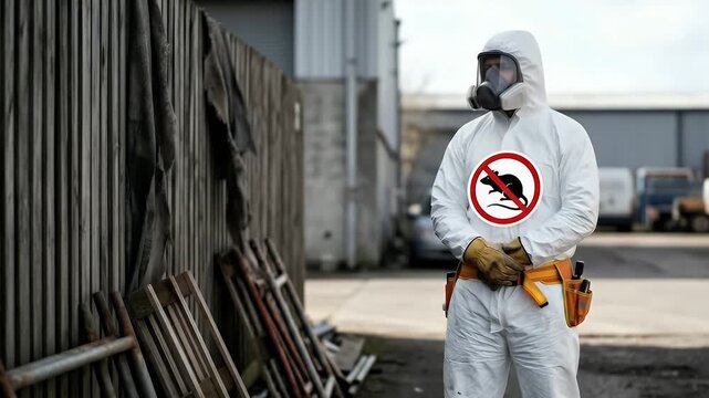 Professional pest control technician in protective suit standing outdoors