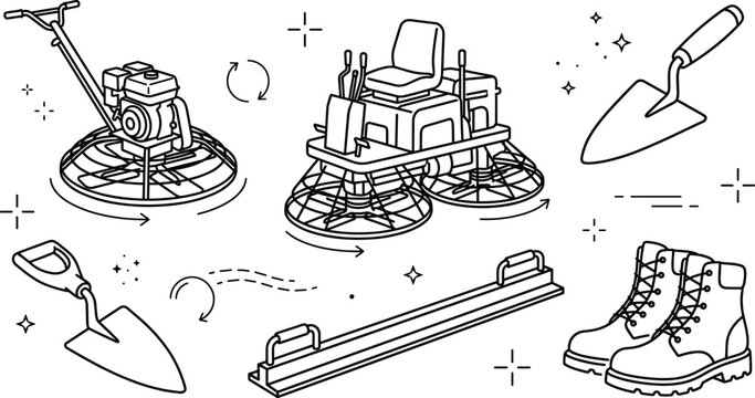 Concrete Construction Vector Icon Set with Power Trowels Shovel Hand Trowel Screed and Safety Work Boots