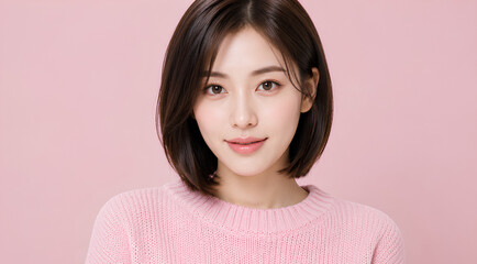 Fototapeta premium Young Asian Woman Beauty Portrait on Pink Background
