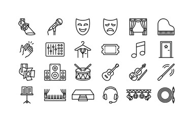 Fototapeta premium Stage Performance Gear. Line icon set of theater and music performance elements: stage spotlight, microphone, comedy mask, tragedy mask, curtain, piano, applause hands, audio mixer, costume hanger,