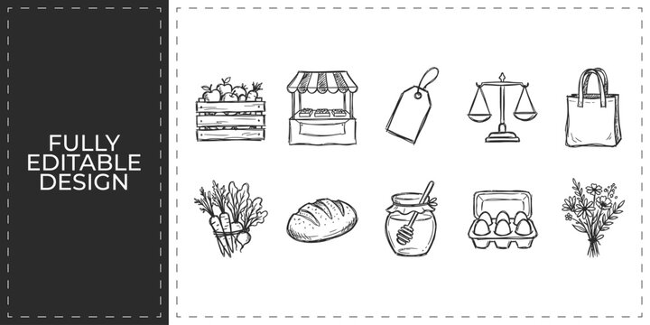 Hand drawn grocery and food icons with bread basket market stall and honey jar symbols flat vector illustration icon bundle set high resolution