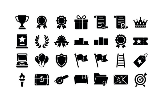 Prize Honor Glyphs. Solid glyph icon set of awards and rewards: trophy cup, prize medal, award badge, gift box, certificate scroll, victory crown, star plaque, laurel wreath, champion ribbon, winner