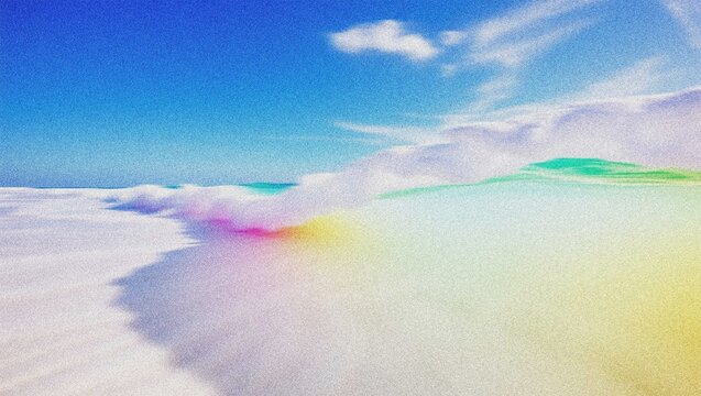 Dreamy abstract ocean wave illustration, vibrant rainbow colors, ethereal pastel gradient, tranquil beach scene, digital art for serene backgrounds and creative projects 4K grainy texture