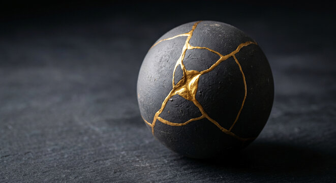 Conceptual dark ceramic sphere repaired with glowing gold kintsugi technique representing resilience and recovery