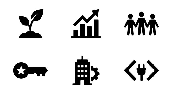 Business Growth Icons: Seedling, Chart, Team, Key, Building, Code