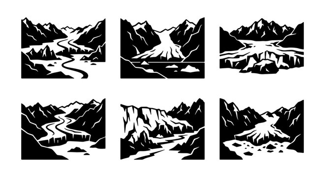 Mountain River Landscapes, Glacier Scenes, Vector Icons Set, Nature Elements