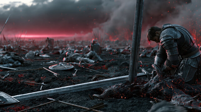 Dark fantasy battlefield warrior, medieval armor soldier, ruined war landscape, fallen fighter grief, dramatic red sky sorrow, epic war aftermath, cinematic despair scene