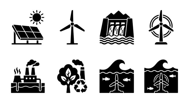 Renewable Energy Icons: Solar, Wind, Hydro, and Eco-Friendly Industry Set