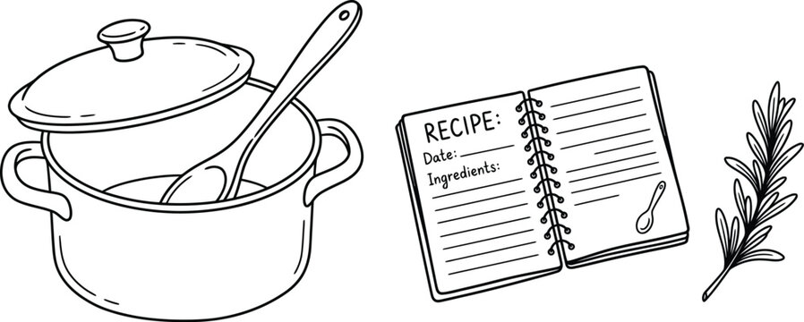 Kitchen cooking essentials featuring stock pot recipe book and rosemary herb line art design.