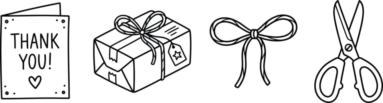 Gift wrapping and appreciation set with thank you card parcel box ribbon and sharp scissors.