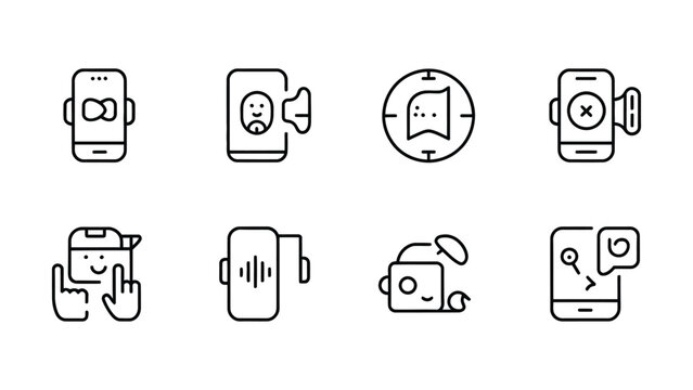 Collection of diverse outline icons illustrating various smartphone functions and user interactions like video calling social media and navigation