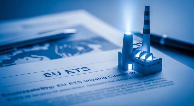 EU ETS Document with Miniature Glowing Factory Model on Office Desk