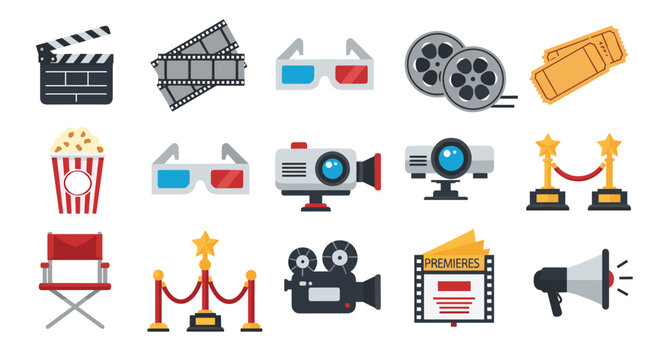 Comprehensive collection of fifteen cinema and movie production icons like clapperboards, film strips, 3D glasses, cameras, and awards.